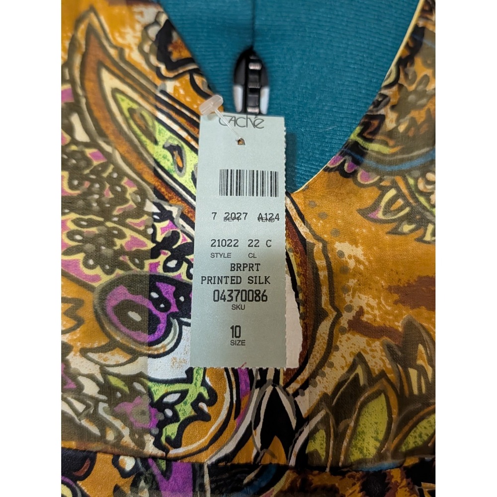 Cache Brown Paisley Leopard Silk Blend Fringe V-Neck Top Size 10 NWT - Picture 2 of 8